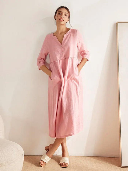 Cordelia | Women’s Linen Button Waist Gathered Maxi Dress