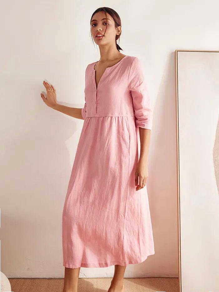 Cordelia | Women’s Linen Button Waist Gathered Maxi Dress