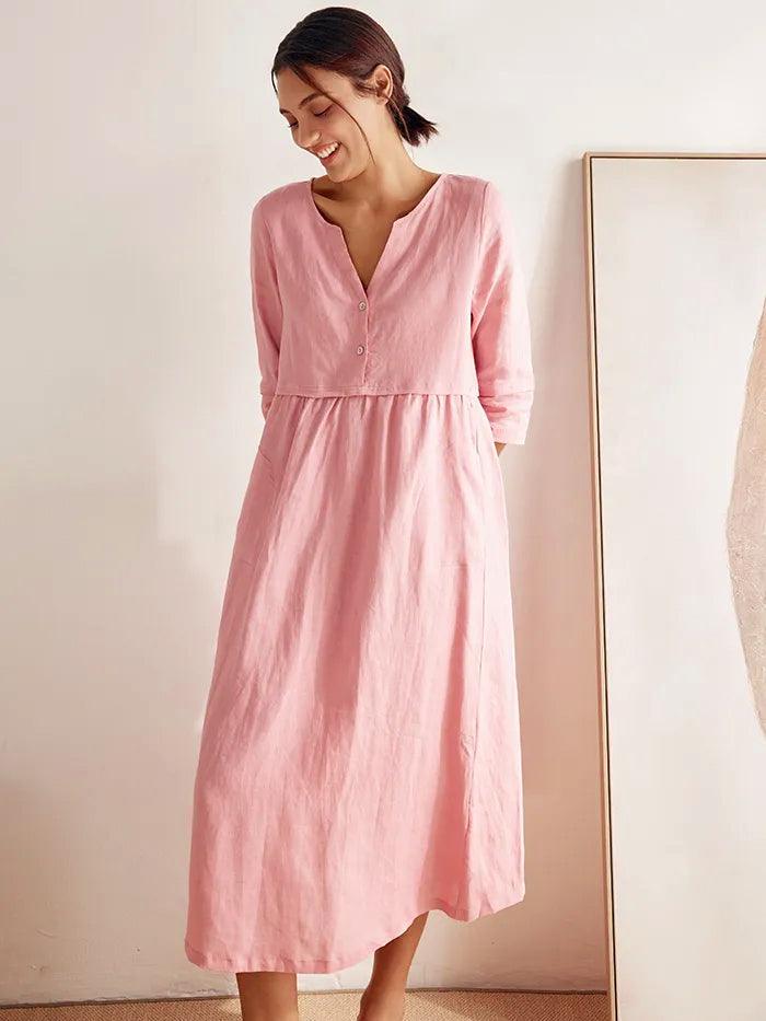 Cordelia | Women’s Linen Button Waist Gathered Maxi Dress
