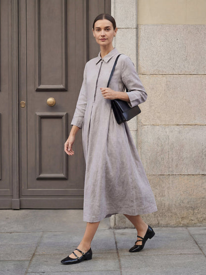 Ariadne | Women’s Linen Inverted Pleat Curved Seam Maxi Dress