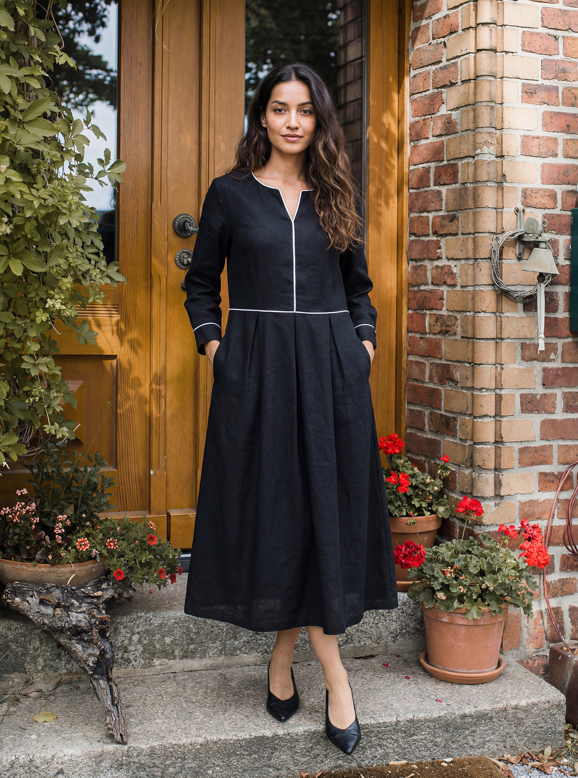Sienna | Women’s Linen-Lyocell Contrast Trim Gathered Maxi Dress