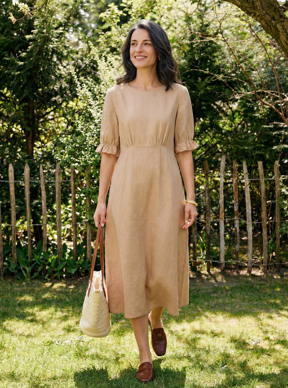 Talia | Women’s Linen Round Neck Sleeve Maxi Dress