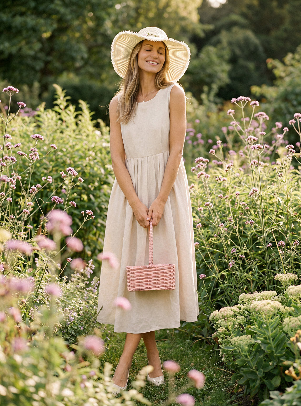 Monroe | Women’s Linen Sleeveless Crew Neck Pleated Waist Maxi Dress