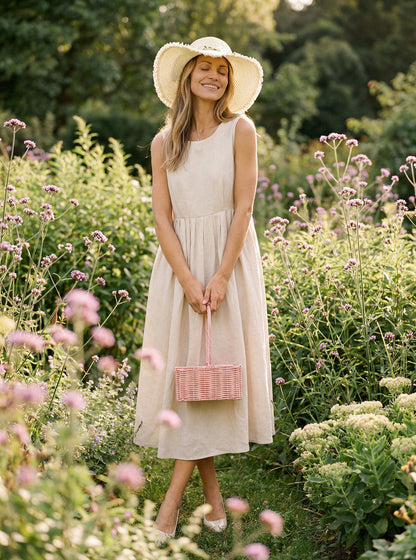 Monroe | Women’s Linen Sleeveless Crew Neck Pleated Waist Maxi Dress