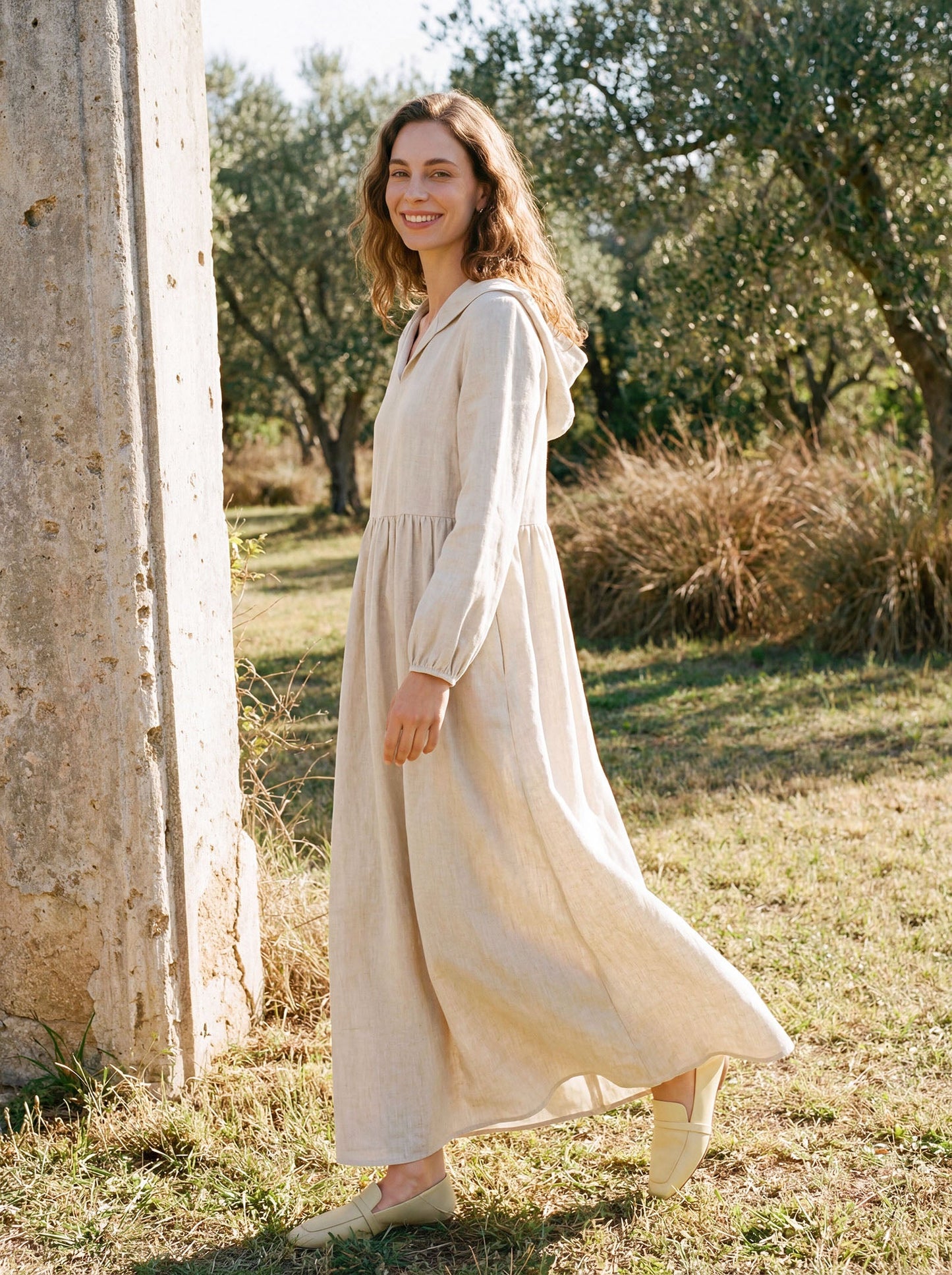 Nora | Women’s Linen Sculpted Hood Caftan Maxi Dress