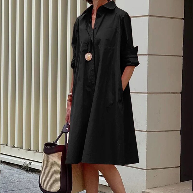 Rylai | Women’s Loose Fit Knee-Length Shirt Dress with Pockets