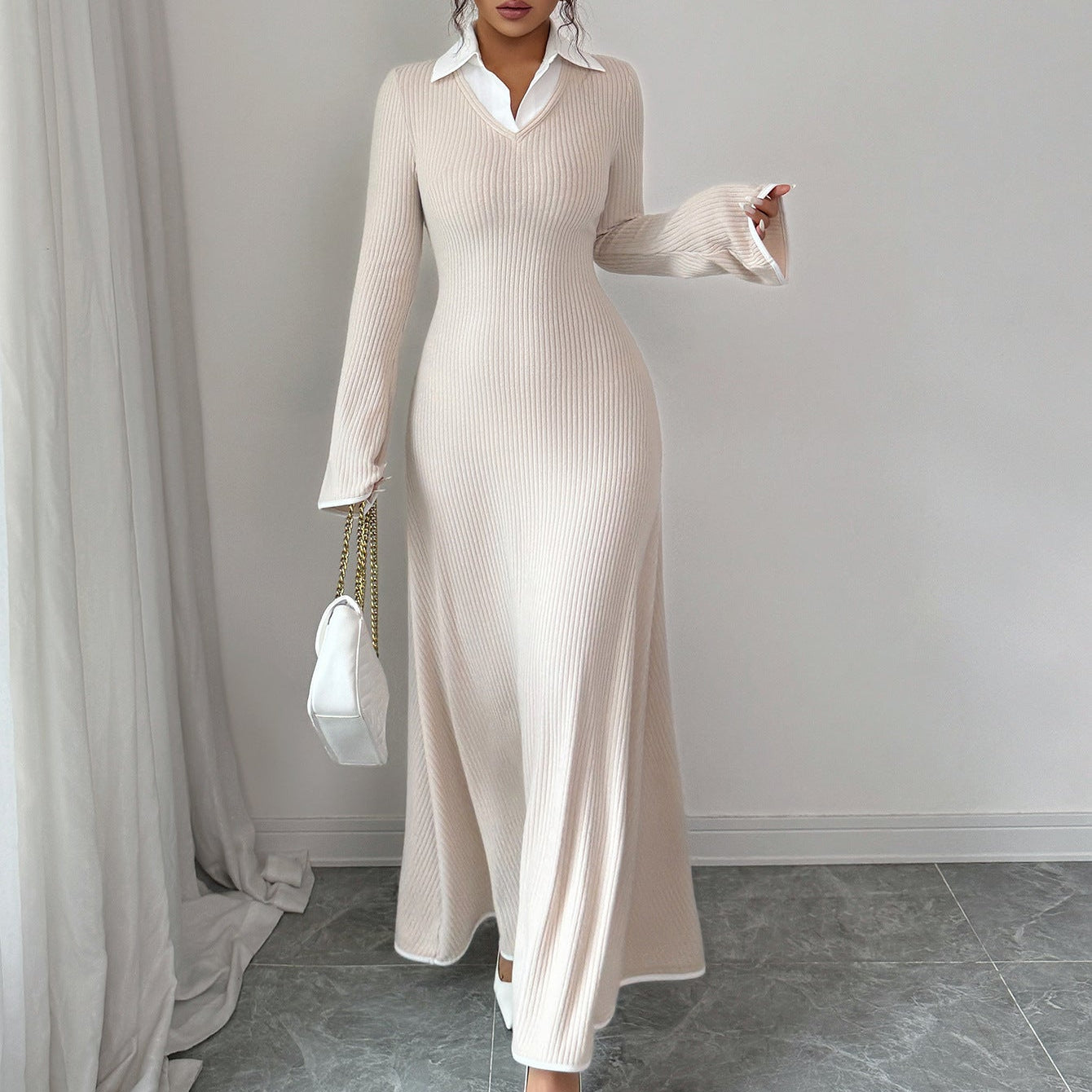 Margaret | Women’s Ribbed Knit Maxi Dress with Flared Sleeves