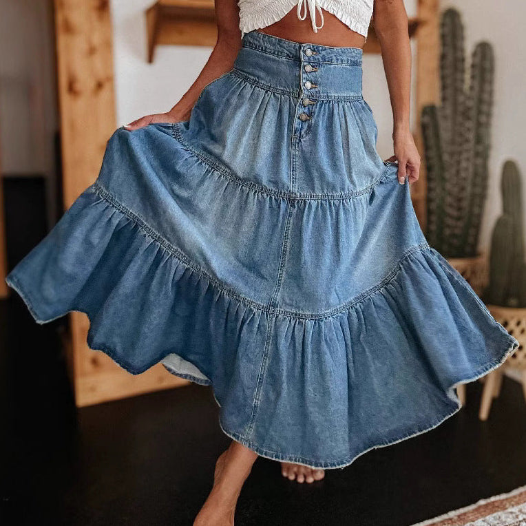 Nyla | Women’s Mid-Length A-Line Fit Layered Denim Skirt