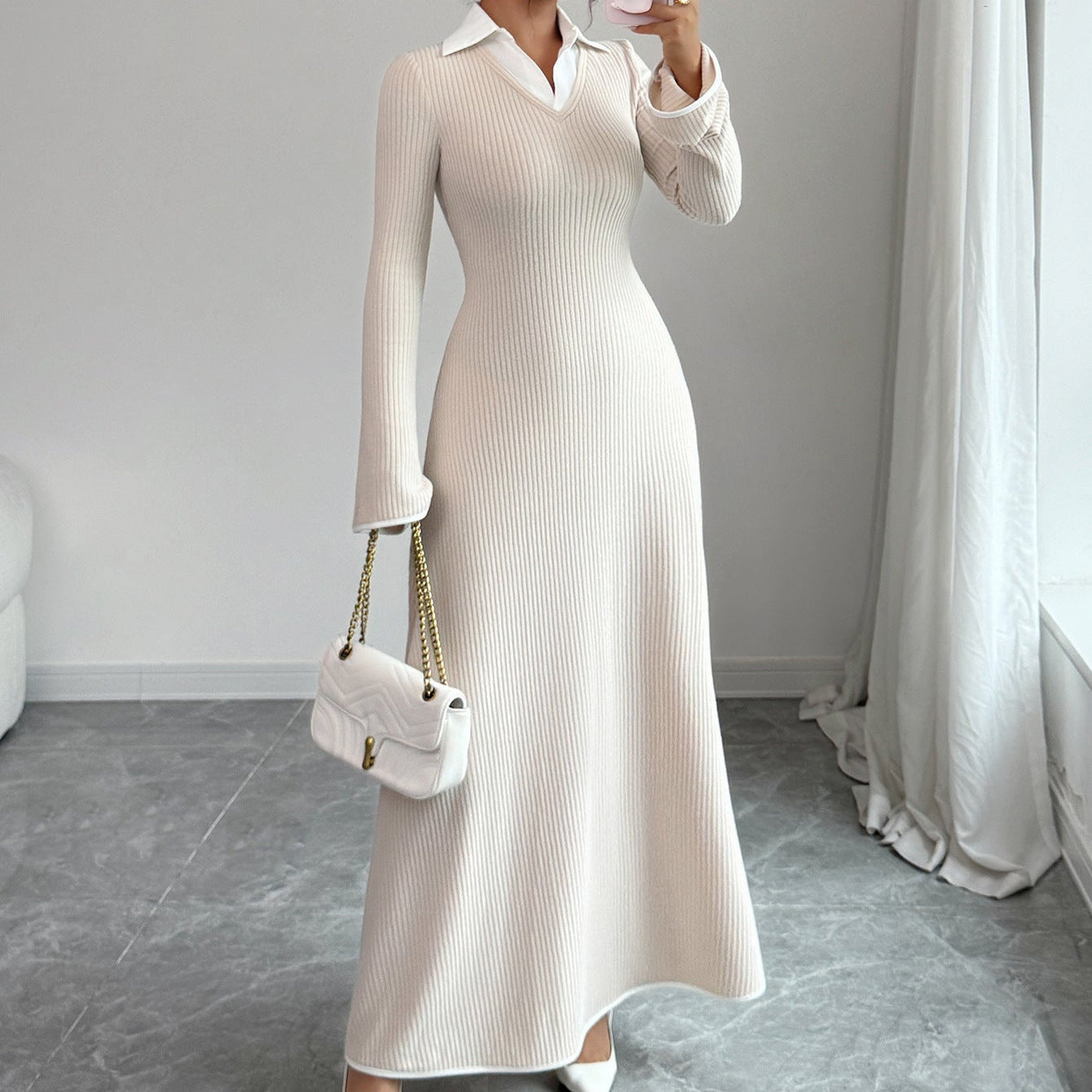 Margaret | Women’s Ribbed Knit Maxi Dress with Flared Sleeves