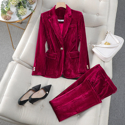 Zavrielle | Women’s Velvet Tailored Suit Set with Long Blazer