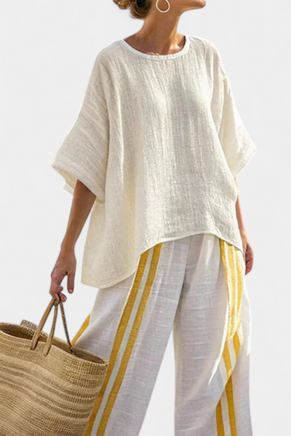 Remi | Women’s Elegant Striped Linen Top and Wide-Leg Pants Set