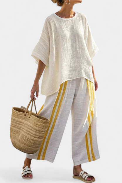 Remi | Women’s Elegant Striped Linen Top and Wide-Leg Pants Set