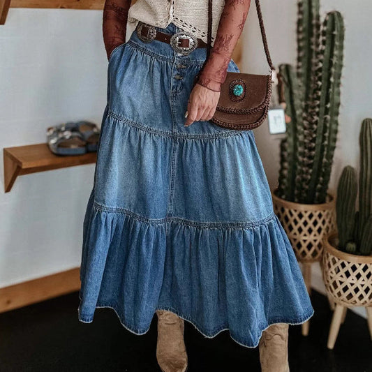 Nyla | Women’s Mid-Length A-Line Fit Layered Denim Skirt