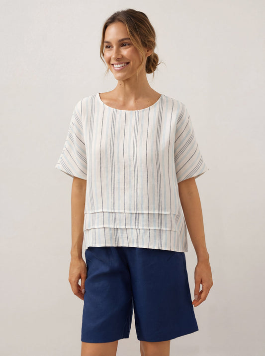Elspeth | Women’s Linen Pleated Striped Pullover Top
