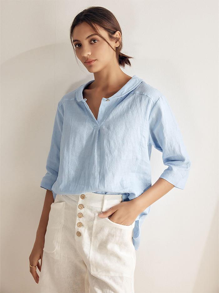 Roxanne | Women’s Linen Shawl V-Neck Half Sleeve Top