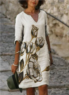 Sienna | Women’s Floral V-Neck Midi Dress with Artistic Print
