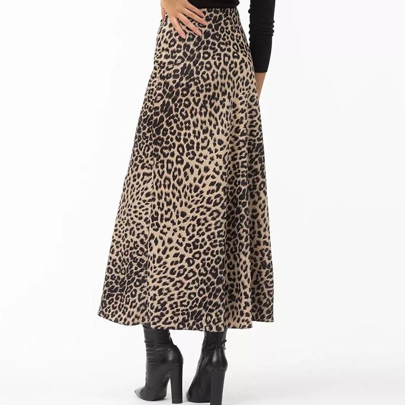 Megan | Women’s Silky Satin Leopard Midi Skirt
