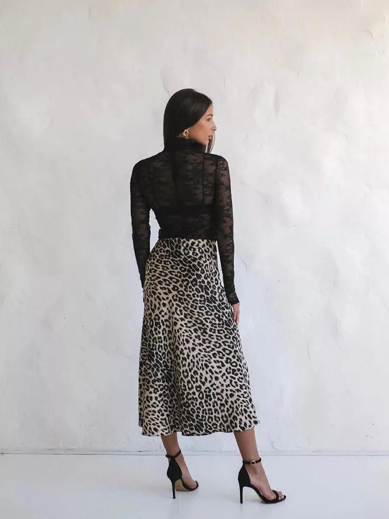 Megan | Women’s Silky Satin Leopard Midi Skirt