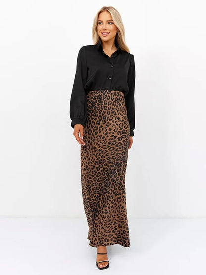 Megan | Women’s Silky Satin Leopard Midi Skirt