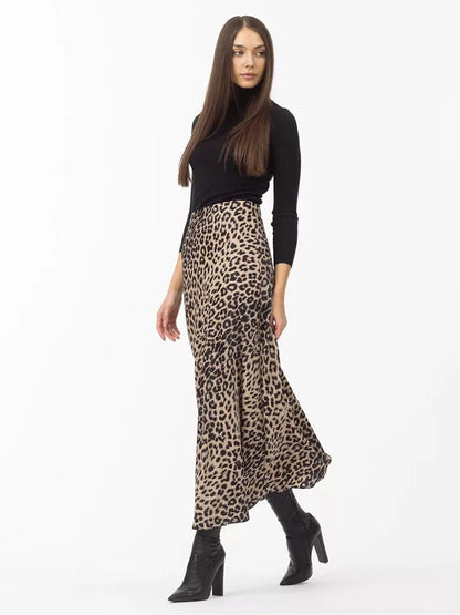 Megan | Women’s Silky Satin Leopard Midi Skirt