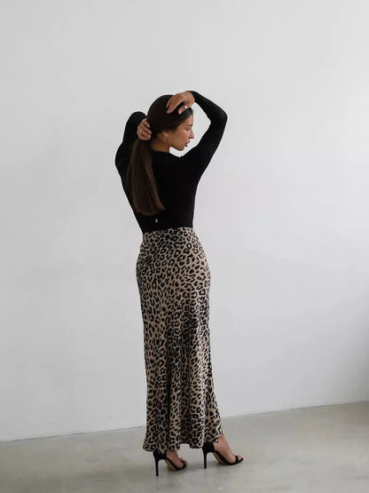 Megan | Women’s Silky Satin Leopard Midi Skirt