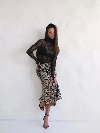 Megan | Women’s Silky Satin Leopard Midi Skirt