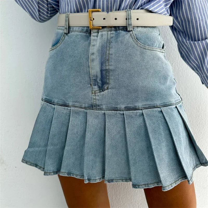 Angela | Women’s Modern Cotton Pleated Denim Skirt