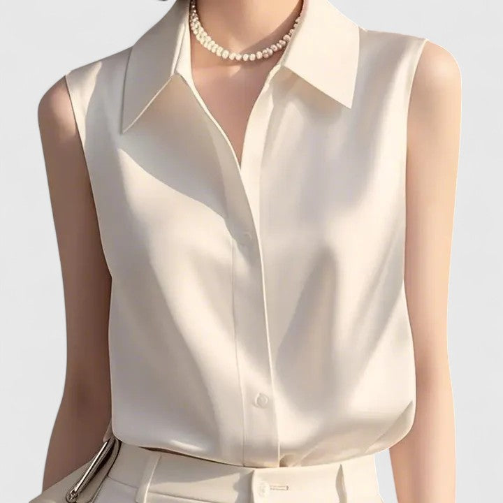 Evadne | Women’s Sophisticated Sleeveless Satin Button Up Blouse