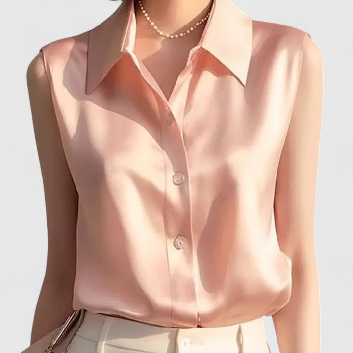 Evadne | Women’s Sophisticated Sleeveless Satin Button Up Blouse