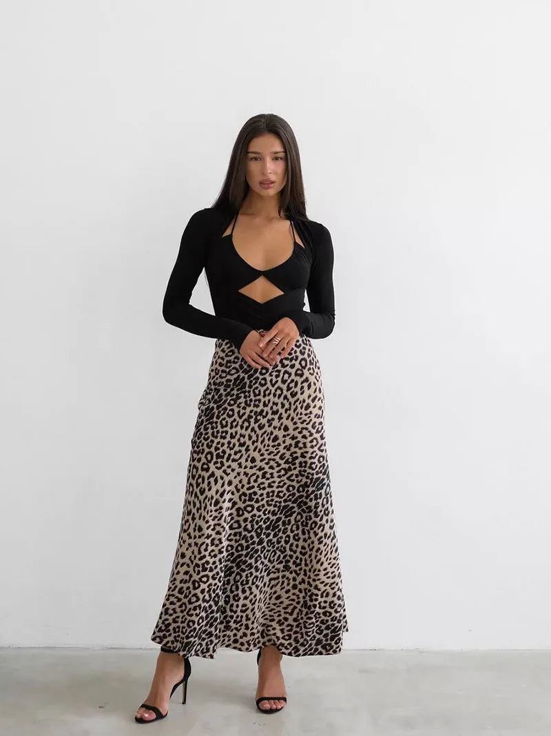 Megan | Women’s Silky Satin Leopard Midi Skirt