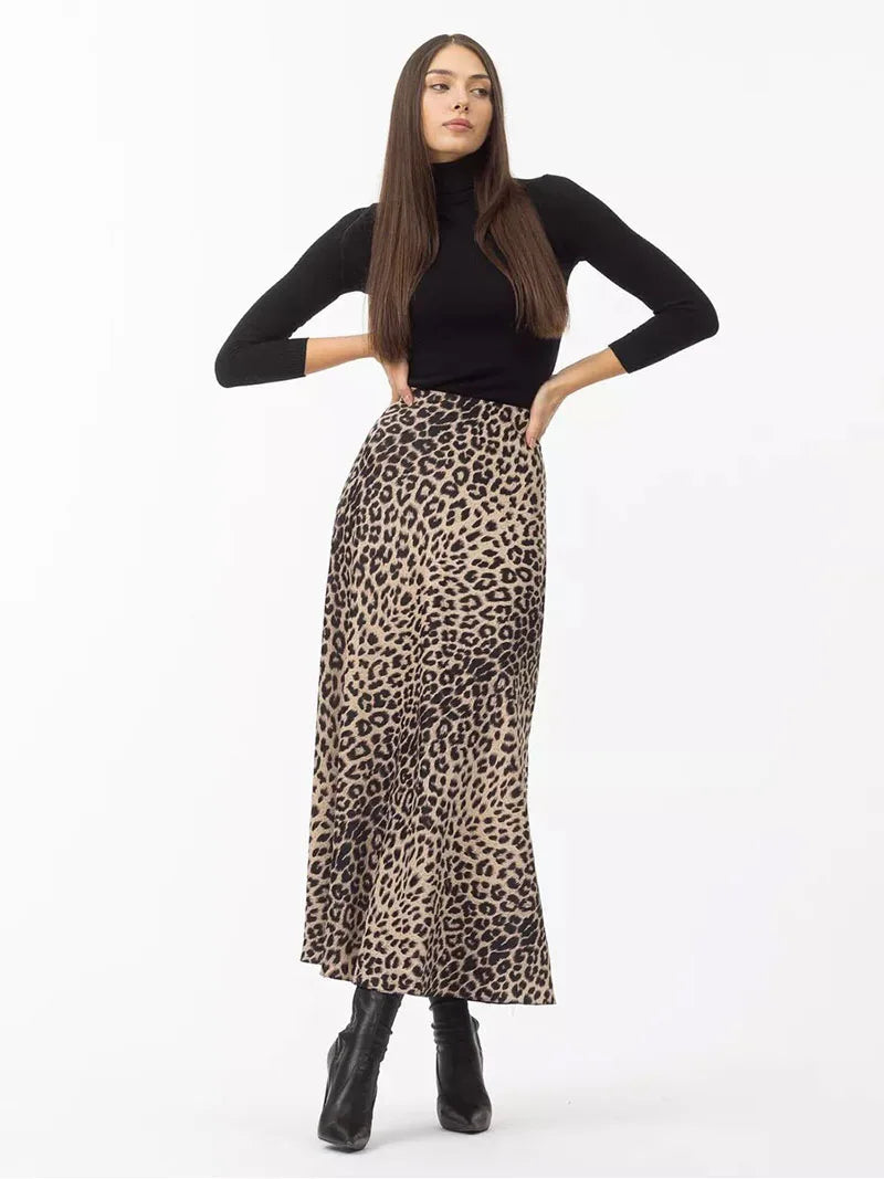 Megan | Women’s Silky Satin Leopard Midi Skirt