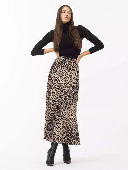 Megan | Women’s Silky Satin Leopard Midi Skirt