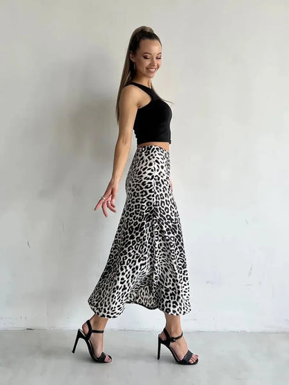 Megan | Women’s Silky Satin Leopard Midi Skirt