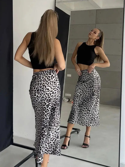 Megan | Women’s Silky Satin Leopard Midi Skirt