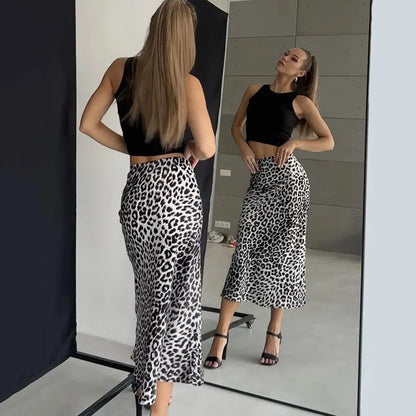 Megan | Women’s Silky Satin Leopard Midi Skirt