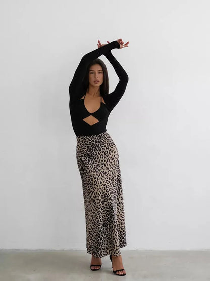 Megan | Women’s Silky Satin Leopard Midi Skirt
