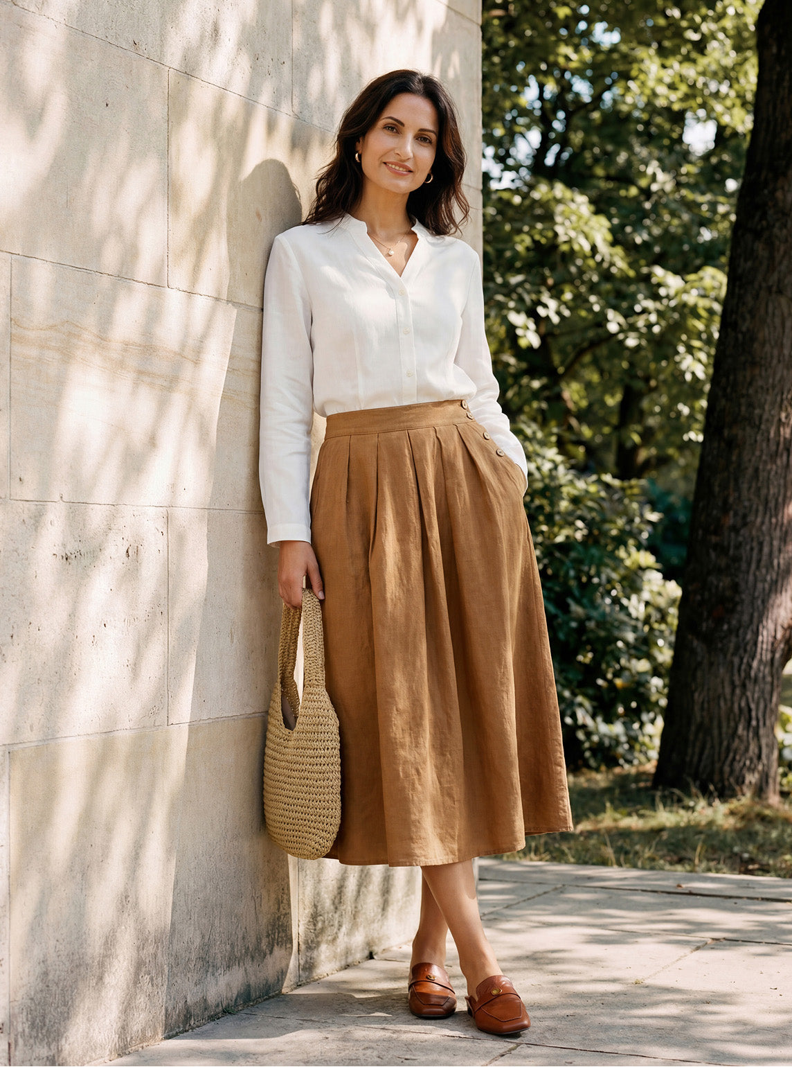 Waverly | Women’s Linen Pleated Side Button Midi Skirt