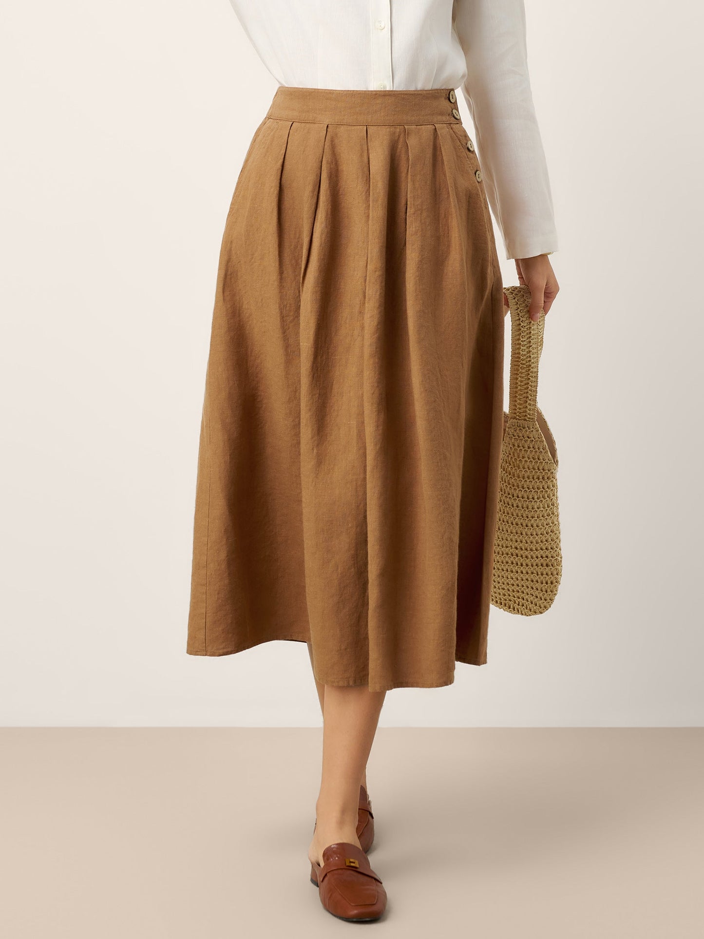 Waverly | Women’s Linen Pleated Side Button Midi Skirt