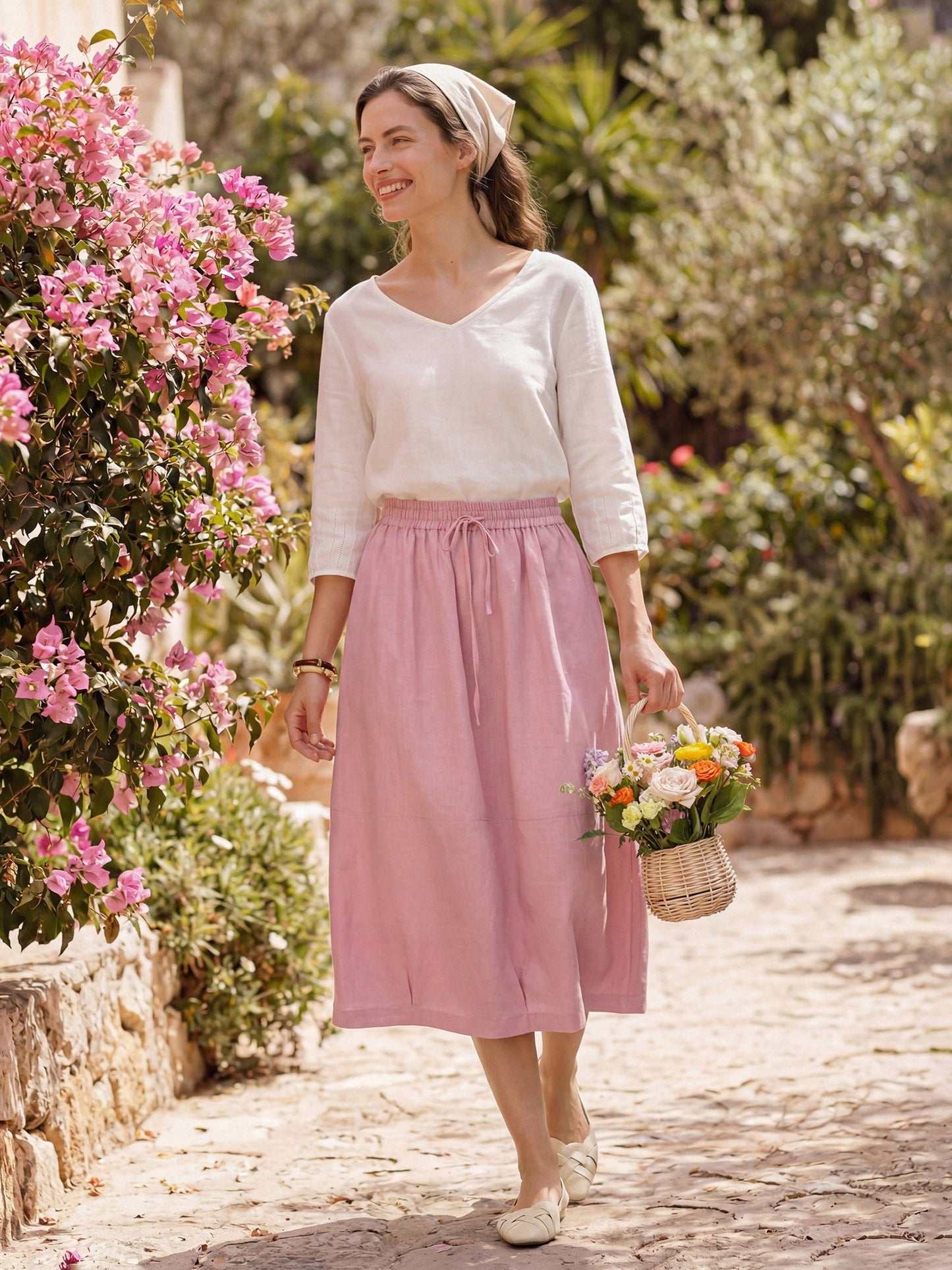Reese | Women’s Blush Linen Drawstring Lantern Pocket Maxi Skirt