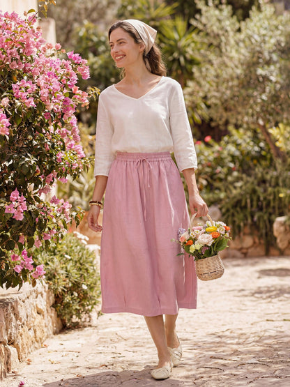 Reese | Women’s Blush Linen Drawstring Lantern Pocket Maxi Skirt