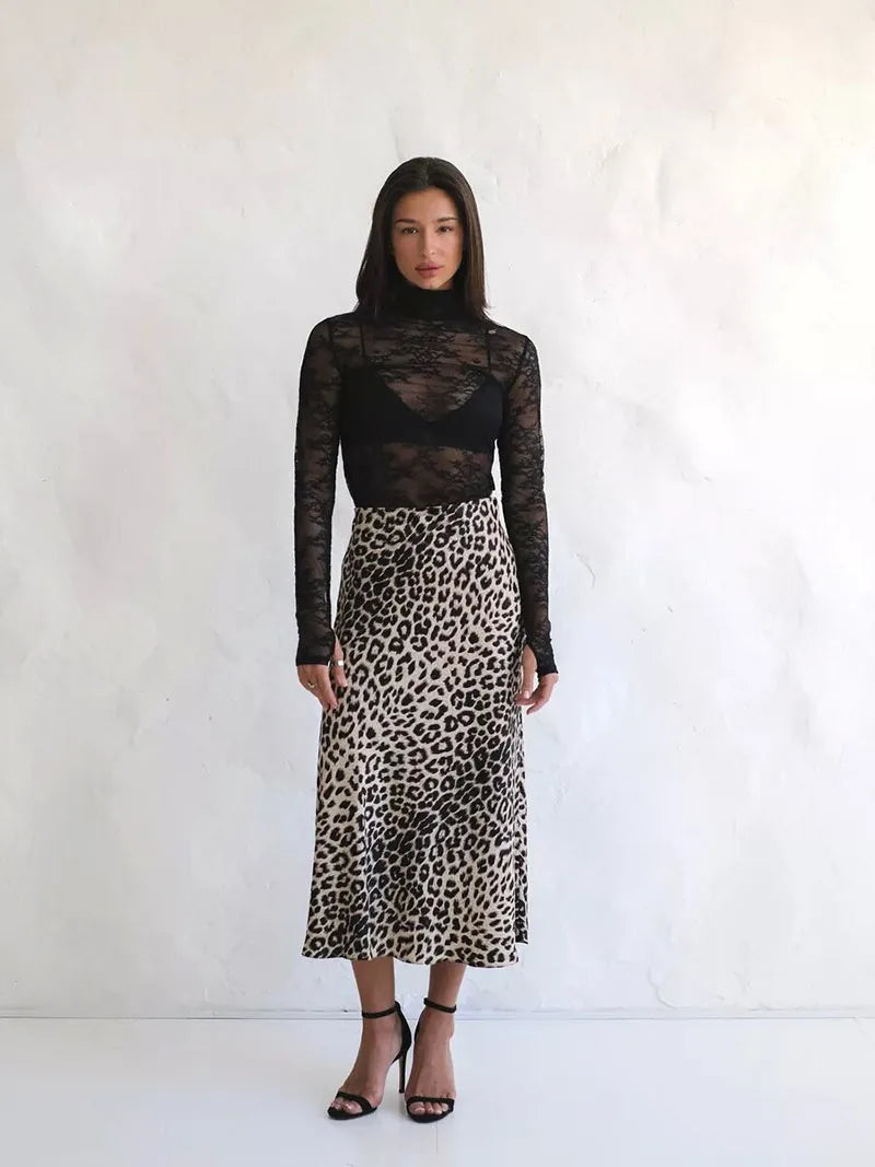 Megan | Women’s Silky Satin Leopard Midi Skirt