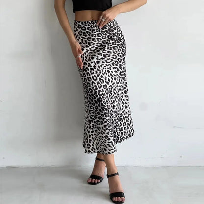 Megan | Women’s Silky Satin Leopard Midi Skirt