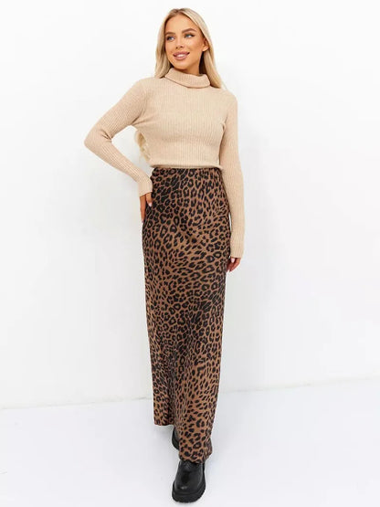 Megan | Women’s Silky Satin Leopard Midi Skirt
