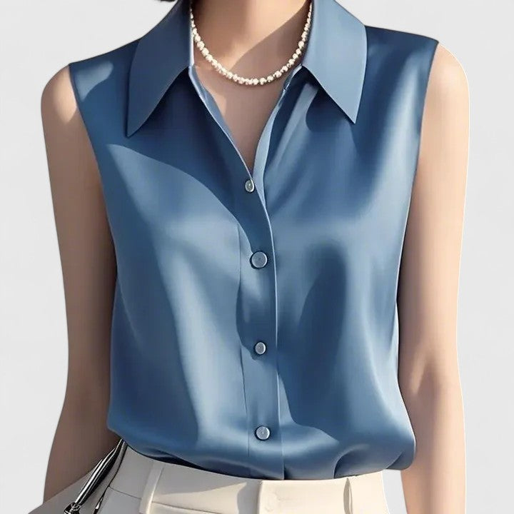 Evadne | Women’s Sophisticated Sleeveless Satin Button Up Blouse