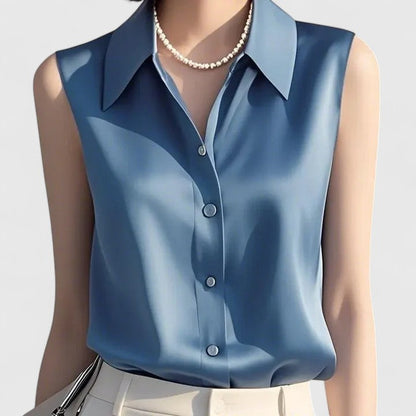 Evadne | Women’s Sophisticated Sleeveless Satin Button Up Blouse
