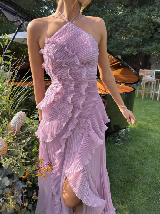 Brynlee | Women’s Pleated Ruffle Halter Midi Dress