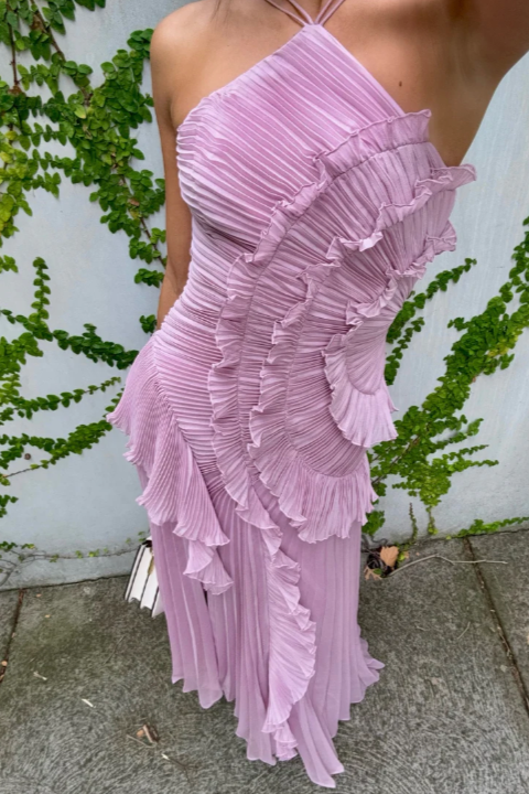 Brynlee | Women’s Pleated Ruffle Halter Midi Dress