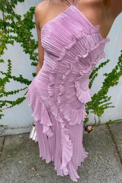 Brynlee | Women’s Pleated Ruffle Halter Midi Dress