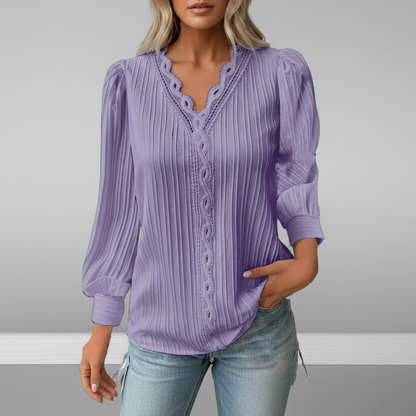 Eleanora | Women’s Pleated Blouse with Lace and V-Neck