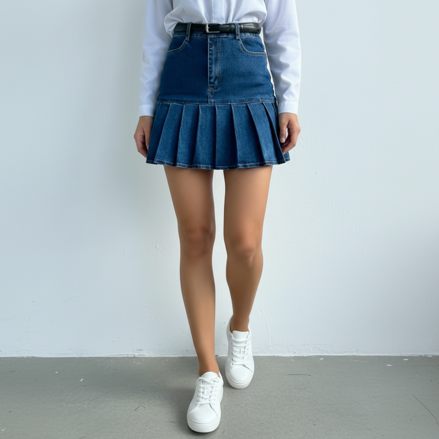 Angela | Women’s Modern Cotton Pleated Denim Skirt
